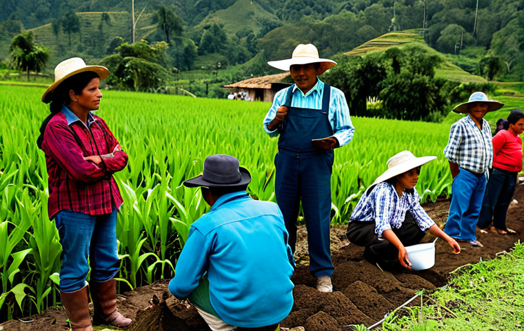 **

A group of Guatemalan farmers are attending a workshop on sustainable agriculture practices. They are gathered outdoors, listening to an instructor demonstrate soil conservation techniques. The scene showcases lush green crops, healthy soil, and diverse flora. Everyone is fully clothed in appropriate attire. Safe for work, appropriate content, family-friendly, professional photography, perfect anatomy, natural proportions, modest clothing.

**