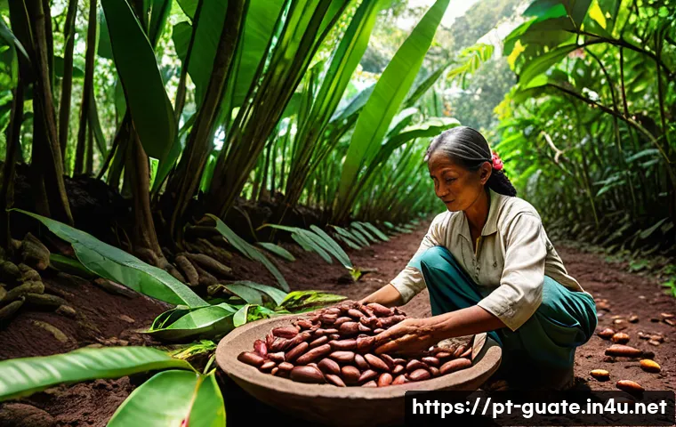 과테말라에서 가장 맛있는 초콜릿 브랜드 - **Guatemalan Cacao Heritage:** "A vibrant, panoramic view of a traditional Mayan cacao farm in Guate...
