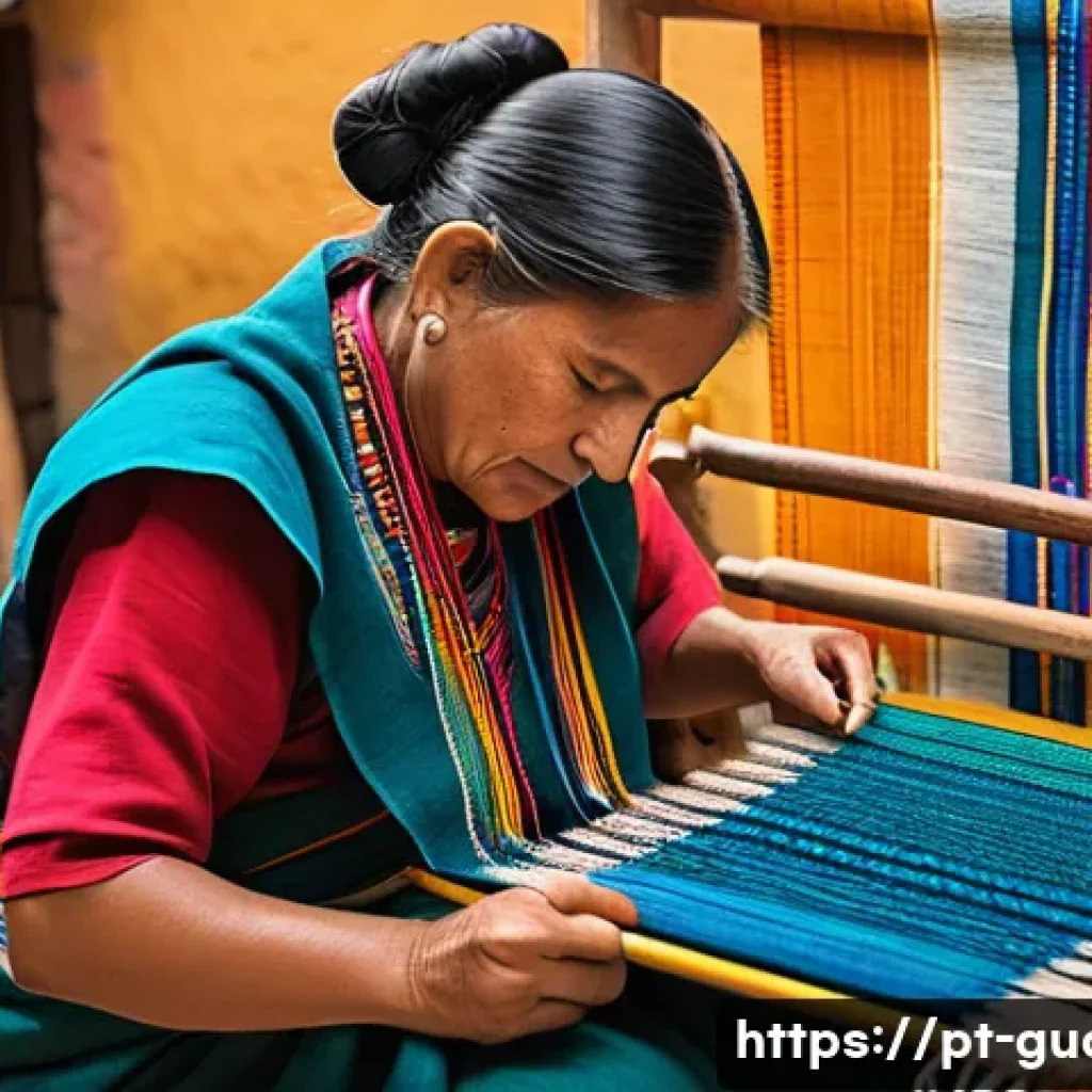 과테말라 기념품 추천 아이템 - A vibrant Guatemalan textile scene showcasing a skilled artisan weaving a traditional handwoven fabr...