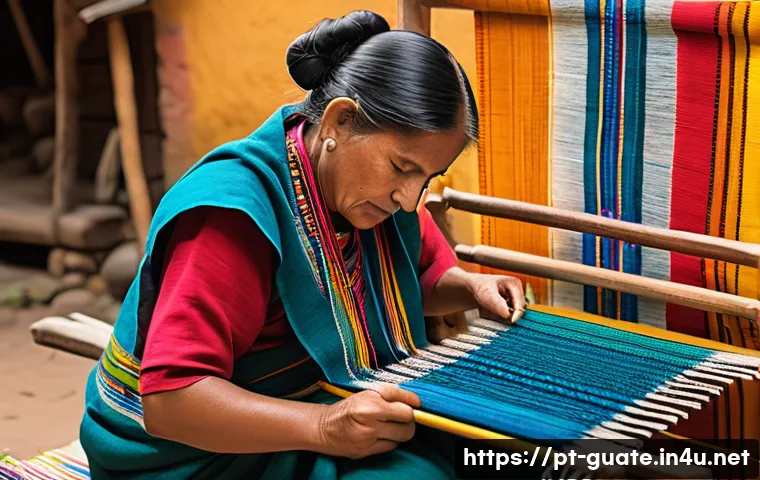 과테말라 기념품 추천 아이템 - A vibrant Guatemalan textile scene showcasing a skilled artisan weaving a traditional handwoven fabr...