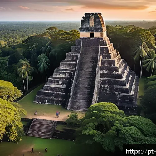 Home 33 마야 문명과 과테말라 역사 - A panoramic view of the ancient Maya city of Tikal at sunrise, showcasing towering stone pyramids wi...