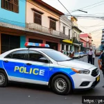 Home 20 과테말라 경찰 신고 및 긴급 연락처 - A detailed urban emergency scene in Guatemala City at dusk, showing a calm but alert police officer ...