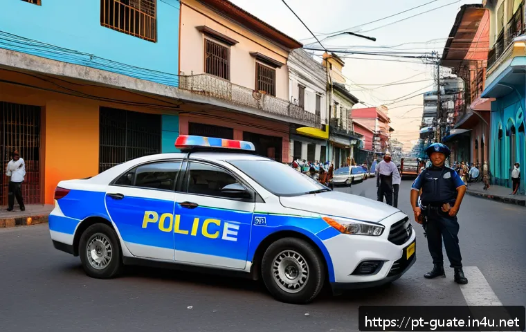 과테말라 경찰 신고 및 긴급 연락처 - A detailed urban emergency scene in Guatemala City at dusk, showing a calm but alert police officer ...