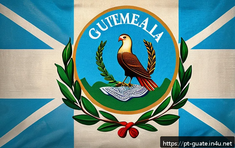 과테말라 국기 의미와 역사 - A detailed, vibrant depiction of the Guatemalan flag waving gently in a bright, clear sky. The two s...