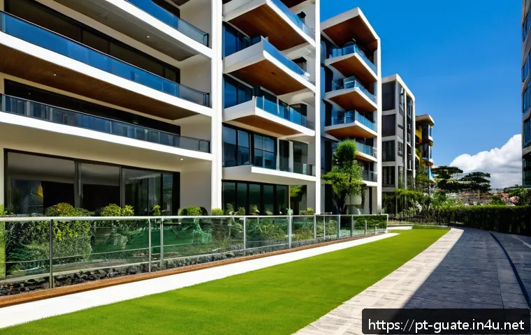 과테말라에서 집 구하는 방법 - A modern gated condominium complex in Guatemala City’s Zona 10, showcasing contemporary apartment bu...