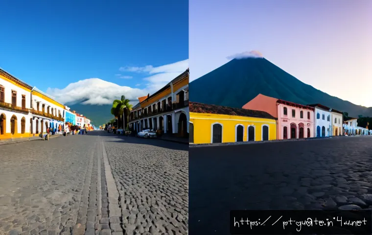 Home 13 과테말라와 엘살바도르 비교 여행 - Photorealistic split-scene travel comparison, left side Antigua Guatemala with colorful colonial fac...