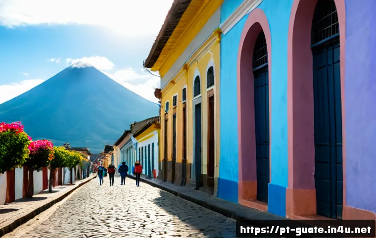 과테말라에서 할 수 있는 무료 활동 - Photorealistic wide-angle morning scene in Antigua Guatemala, travelers enjoying a free self-guided ...