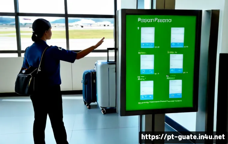 Home 15 과테말라에서 환승 비행 시 체크할 사항 - Photorealistic airport transit scene in Guatemala, Brazilian traveler with a green passport cover an...